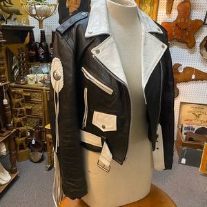 Vintage Leather Black & White Fringed Biker Jacket